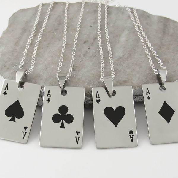 Collier carte à jouer, porte-clés ou clip pour sac à main - Cadeau personnalisé pour papa - Cadeau poker - Collier As de pique en acier - Métasymbologie