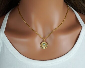 Gold Evil Eye Necklace - Round Eye Necklace - 18k Gold Stainless Steel Medallion Necklace - Unique Evil Eye Charm Necklace