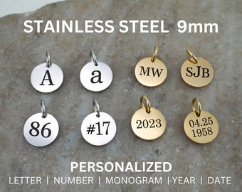 Personalized Initial, Monogram or Number Charm: Silver or Gold Stainless Steel (9mm)