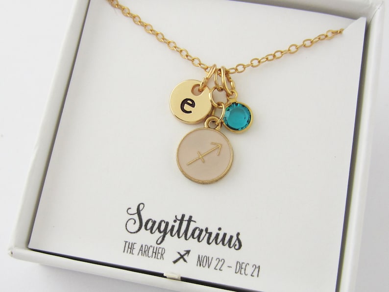Gold and Pink Jewelry Sagittarius Jewelry Zodiac Necklace Sagittarius Necklace Horoscope Gifts Personalized Initial and Birthstone