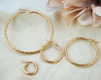 Gold Hoops - 9 Sizes - Stainless Steel Hoops - Round Twisted Hoops - Large Hoops Earrings - Small Hoop Earrings