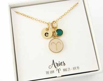Aries Necklace - Zodiac Necklace - Aries Jewelry - Horoscope Gifts - Gold and Pink Jewelry - Personalized Monogram Initial and Birthstone