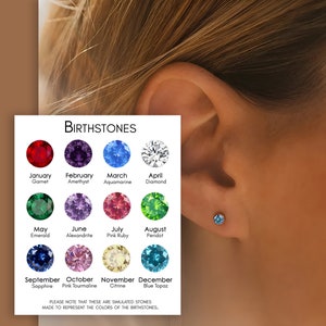 Peut inclure: Un tableau montrant les pierres de naissance pour chaque mois de l'année. Le tableau comprend le nom du mois, la pierre de naissance et une petite image de la pierre de naissance. Le tableau est entouré d'une bordure blanche. L'image montre également un gros plan d'une oreille avec une petite boucle d'oreille en pierre bleue.