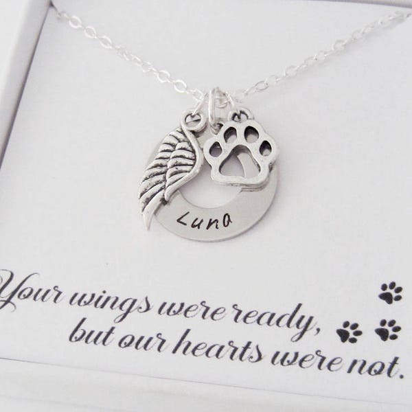 Dog Memorial Name Necklace - Custom Name Pendant - Pet Sympathy Gifts - Personalized Handstamped Name - Dog Paw Charm - Angel Wing Charm