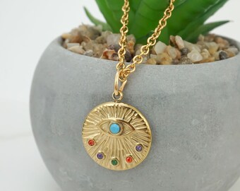 Gold Evil Eye Necklace - Round Eye Necklace - 18k Gold Stainless Steel Medallion Necklace - Unique Evil Eye Charm Necklace