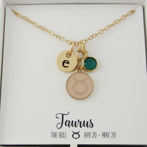 Zodiac Necklace - Taurus Necklace - Taurus Jewelry - Horoscope Gifts - Gold and Pink Jewelry - Personalized Monogram Initial and Birthstone