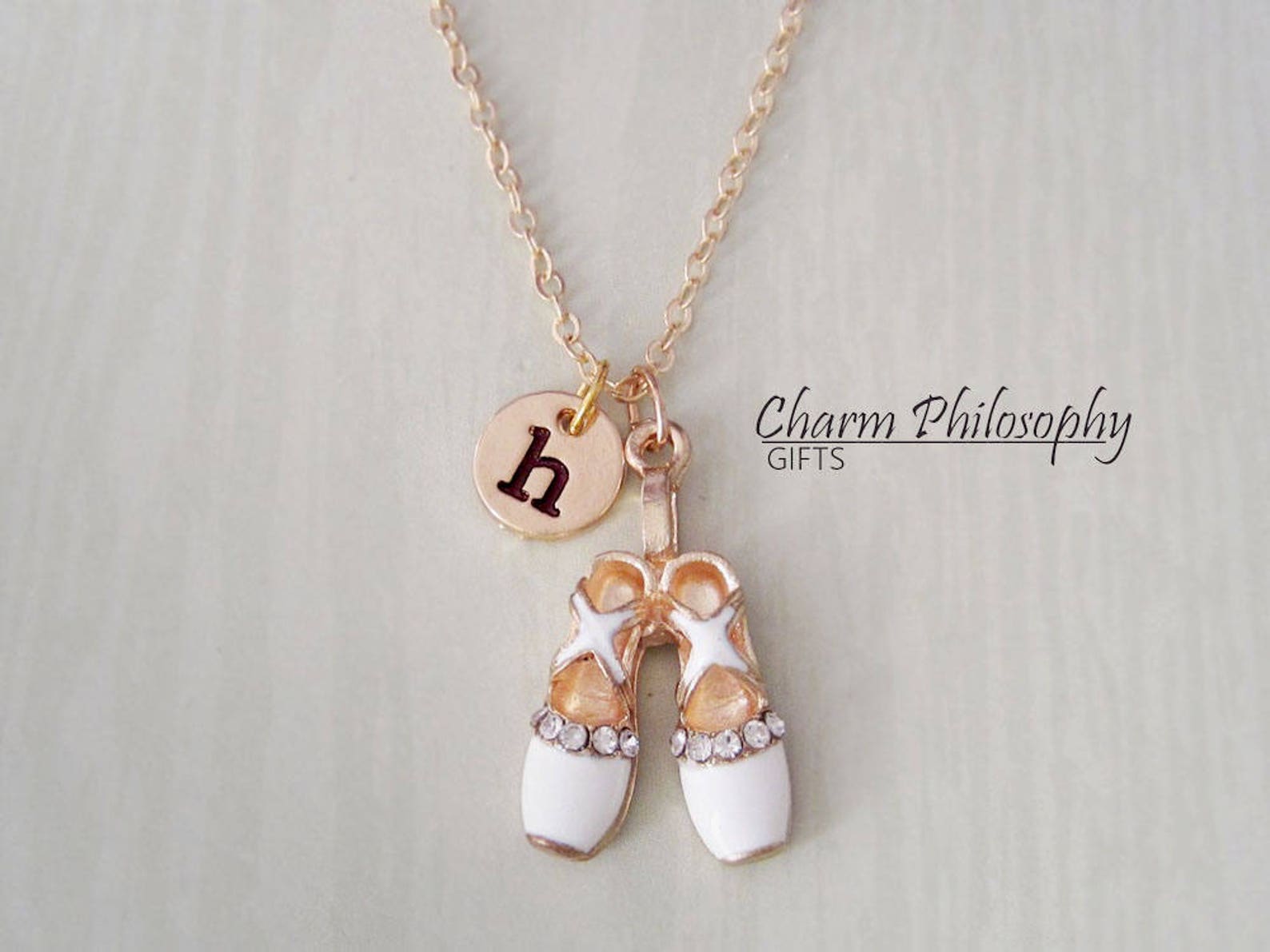 white ballet slippers necklace - personalized monogram initial charm - ballerina gifts - ballet shoes pendant