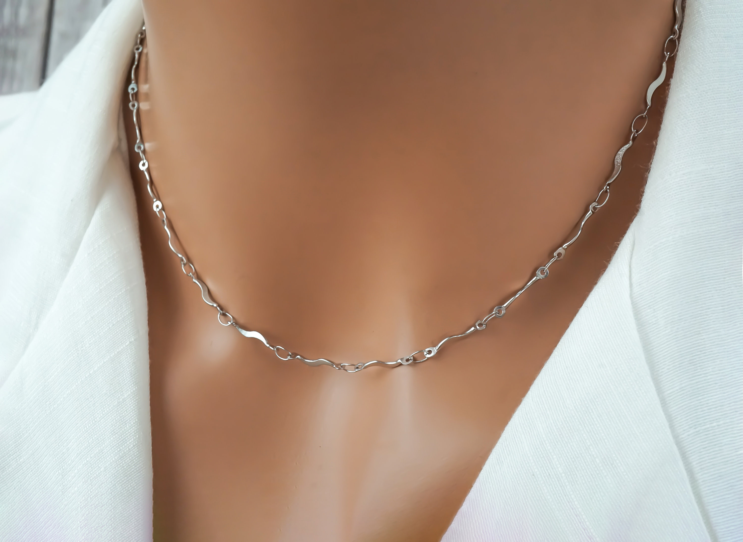 Wave Link Chain Necklace: Silver or Gold Stainless Steel Dolphin