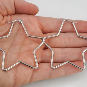 Silver Star Hoops - 60mm Star Hooping Earrings - 2.4 inch Hoops - Simple Silver Star Hoop Earrings - Stainless Steel Star Earrings