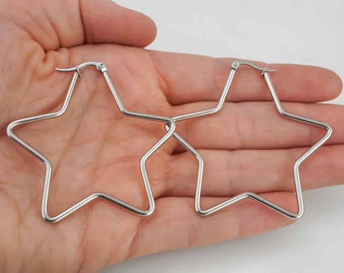 Silver Star Hoop Earrings: Large Stainless Steel Hoops, 60mm | 2.4 inch