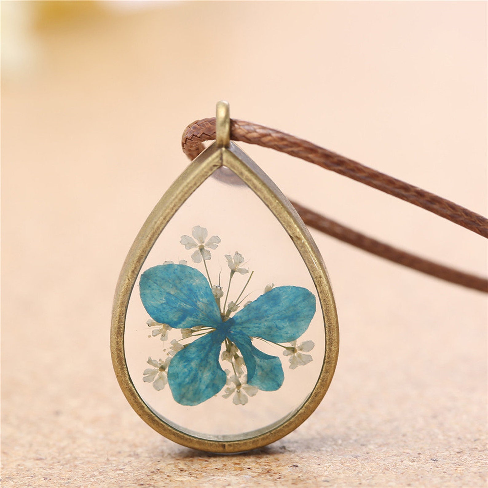 Genuine Botanical Necklace Pressed Flower Teardrop Pendant Etsy