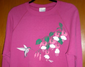 Hot Pink Fuschia hipster Sweatshirt, Hummingbirds, Floral, Hanes Womens Size XL, 42-44, 50/50 Soft Comfortable, Ugly Sweater, Grandma