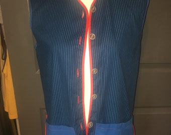 Vintage Handmade 1980s Tunic Artist Smock Blue striped red bias edge Blue pockets Clear Button Up 100 Cotton Womens XS Small fine art apron