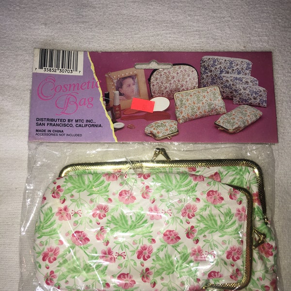 NOS Deadstock Cosmetic bag ensemble de 2 organisateurs de sac à main en vinyle des années 1980 vert et rouge design floral fermoirs en or MTC inc Chine TV movie prop maquillage