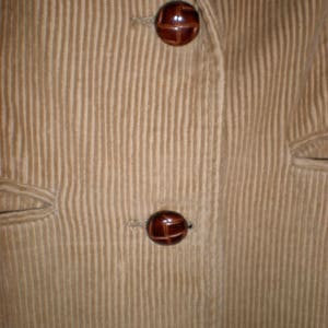 May include: Close-up of a brown corduroy jacket with two brown buttons. The buttons have a cross-hatch pattern.