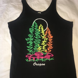 Tru Vintage 80s Newtrend Knitwear brand Psychedelic Mushroom trees Neon Oregon Black tank top Mens XXXL spring summer hipster streetwear USA