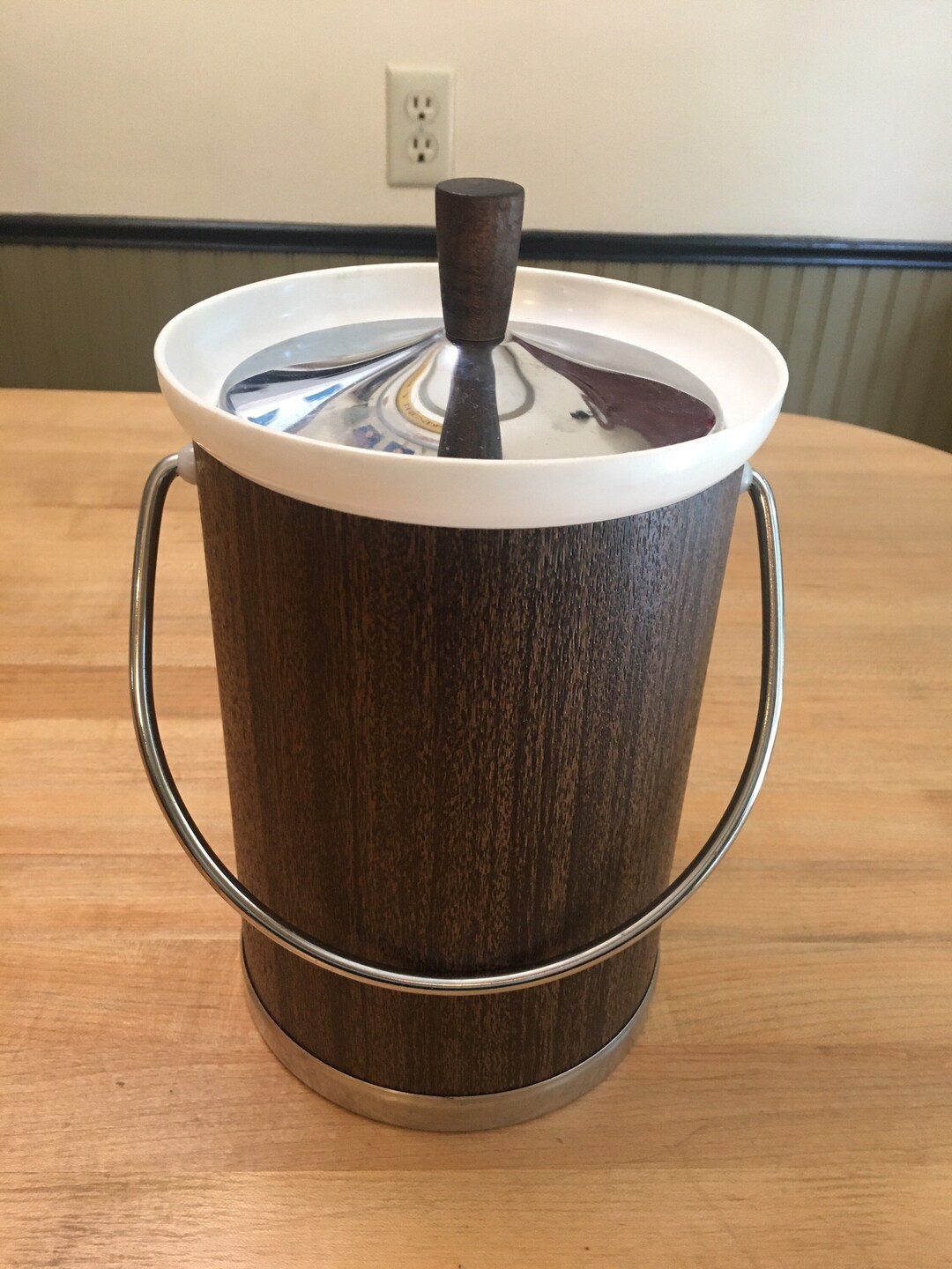Kromex Faux Wood 1960s Ice Bucket Barware With Ice Tongs Made in USA