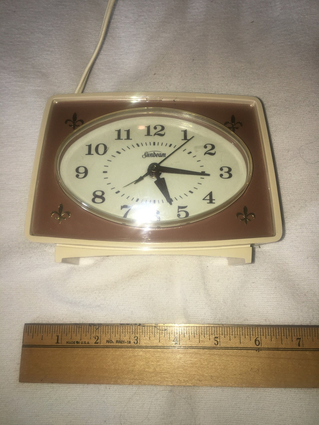Sunbeam Small Alarm Clock Plug in Works Brown White MCM 1950s Pre Set