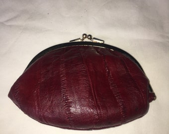 1980s Vintage Tomato Red Genuine Eel Skin Double snap coin purse lipstick pouch organizer made in Korea JE Int'l kiss snap closure burgundy