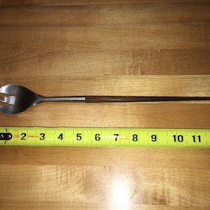 60s MCM Teak Salad fork server elongated handles gorgeous wood grain Denmark stainless steel 18 gauge cutlery EUC modern vtg serving party