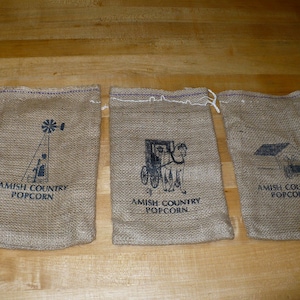 Amish Popcorn Burlap Baggies Farmhouse Rustic decor Gift bag Christmas graphic horse carriage barn scene windmill bags rectangular