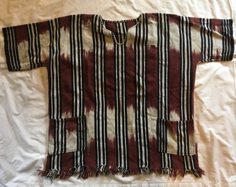 Mexican poncho linen cotton 2 pocket pullover striped brown gray black hippy boho fringe western cowboy hipster mens Large XLg shortsleeve