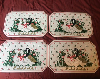 1980s/90s Christmas Geese Ducks Placemats Set of 4 Red Black White Vinyl placemats cottage core Grannycore hipster animals foam wash PVC Y2K