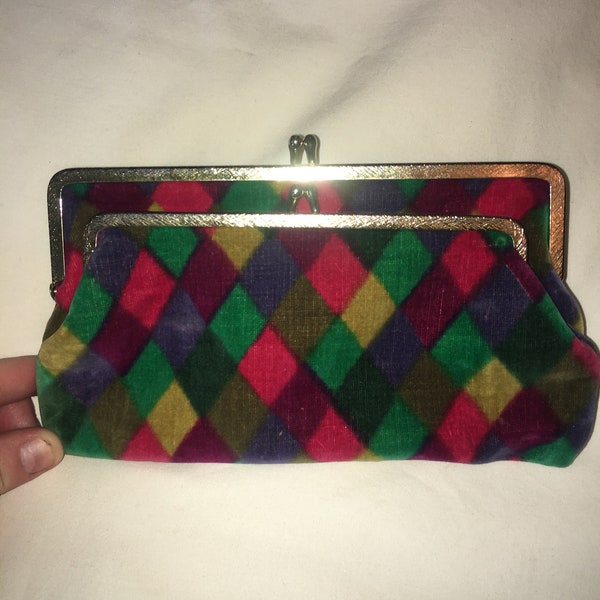Vintage 70s 80s Harlequin Diamond Velvet double wallet coin purse clutch clasp kiss closure satin lined EUC rare HTF pink green purple pink
