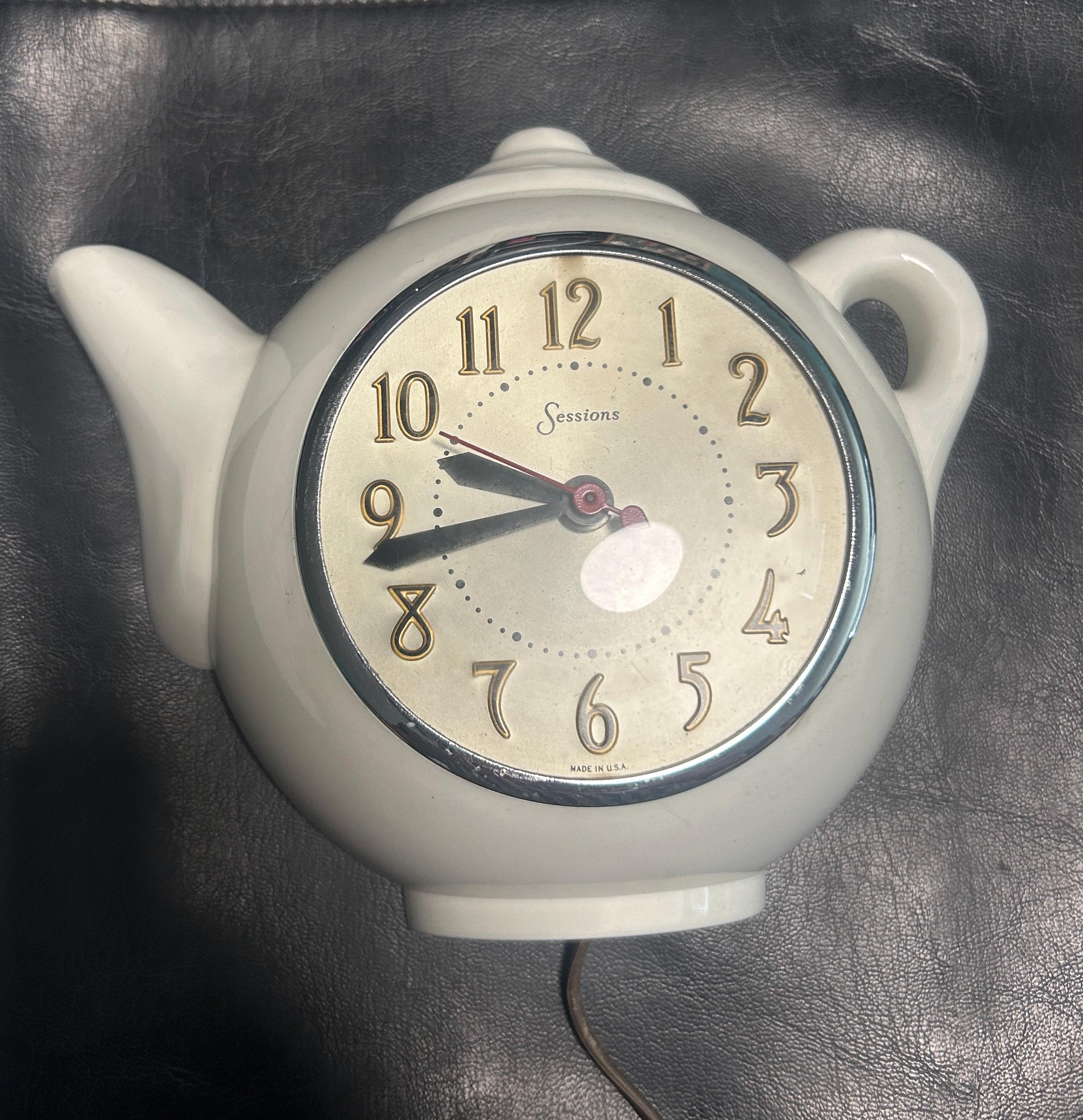 1950s Sessions White Teapot Chrome Face Gold Letters Plug in Wall