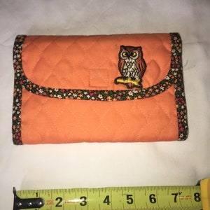 Naranja floral acolchado algodón búho cartera hecha a mano 70s abuela núcleo hipster espacioso velcro cartera chequera pluma grande bolsillo en efectivo teléfono cremallera moneda