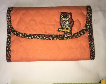 Portefeuille hibou en coton matelassé orange fait main des années 70 grand-mère core hipster spacieux portefeuille velcro chéquier stylo grande poche pour téléphone zippée pièce
