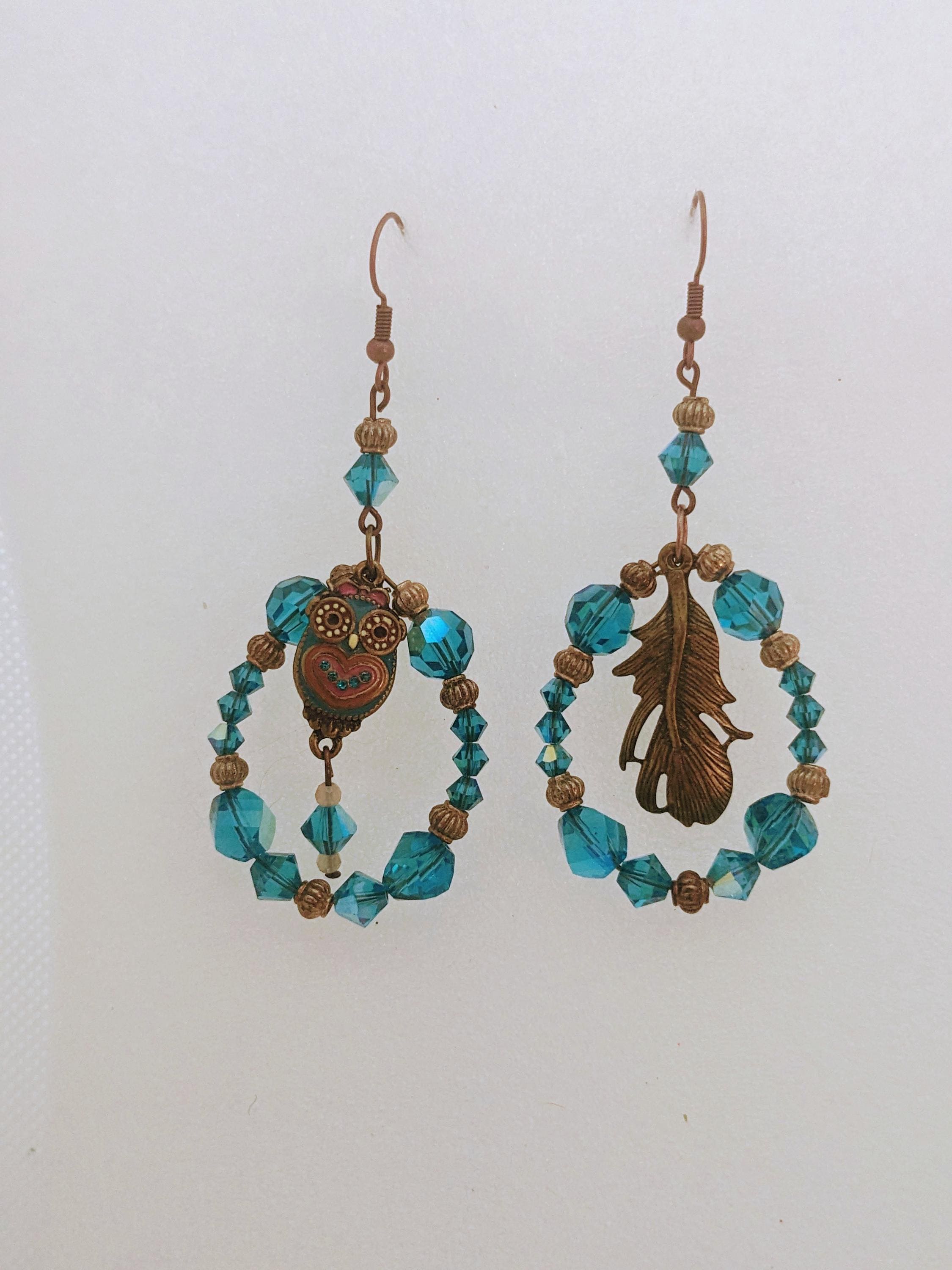 Owl and owl feather hoop earrings, bronze owl beaded deep teal earrings, owl earrings, owl and feath