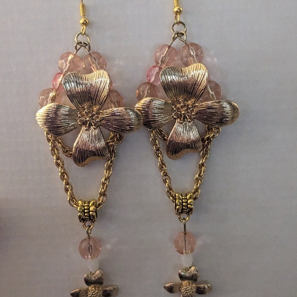 Gold tone dogwood blossom statement earrings, pink beaded spring dogwood blossom earrings, large statement earrings