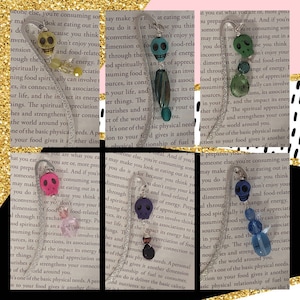 Colorful skull hook bookmarks. Beaded skull bookmarks, metal hook book marks.