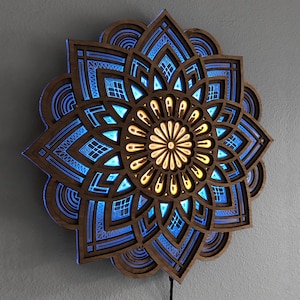 Mandala Night Light, wall art lamp, dimmer and remote control, accent lamp, yoga gift for her, for him, wooden, brown