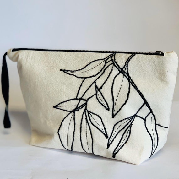 Handmade Leaf Embroidered Wash Bag, travel pouch, makeup bag, or storage