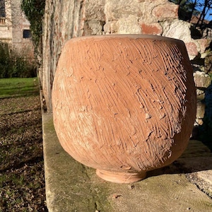 May include: A large, round terracotta pot with a textured surface. The pot is a warm reddish-brown colour and sits on a small, circular base. The pot is outdoors, resting on a stone surface, with a brick wall in the background.