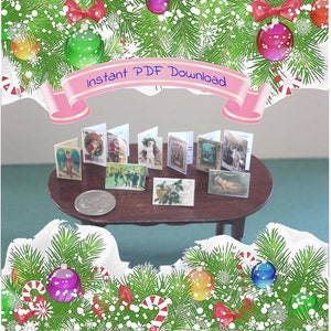 Cartes de Noël miniatures pour maison de poupée à télécharger au format PDF à l&#39;échelle 1/12, kit de bricolage et tutoriel pour des mini impressions vintage des Fêtes, décorations de Noël pour maison de poupée