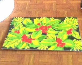 Holly Christmas Door Mat, 1:12 Scale Holiday Miniature Printed Canvas, AU POSTAGE