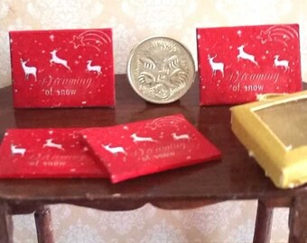 Boxed Red Miniature Christmas Table Reindeer Placemats, 1/12 Scale Holiday Miniatures, US POSTAGE