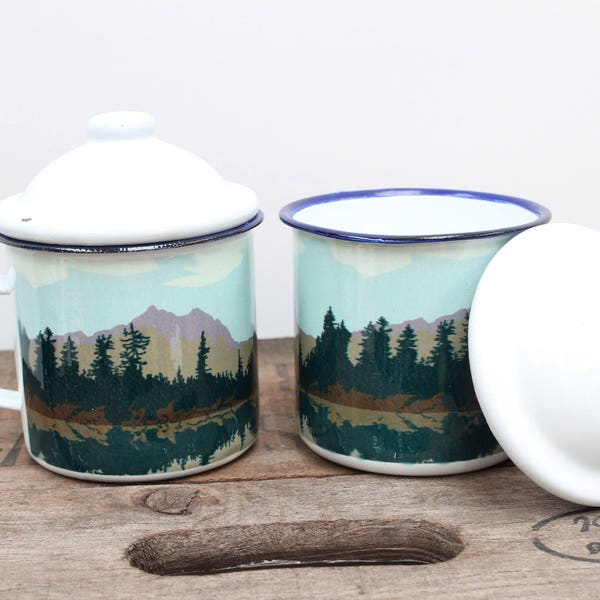 Lake and Forest Enamel Mug with Lid | Rustic Outdoor Camping Mug