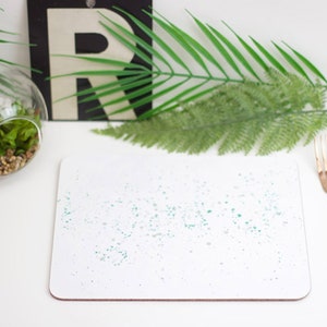 Teal paint splatter melamine and cork backed placemat