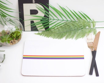 Retro rainbow mealmine and cork placemat