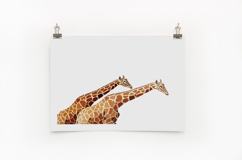 May include: A digital illustration of two giraffes with brown and tan patterned spots on a white background.