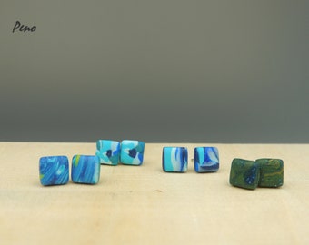 Blue square mini earrings, stud earrings for women, unique earrings, small earrings, tiny earrings, polymer clay earrings, everyday earrings