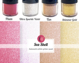 Sea Shell - Kakewalk edible glitter quad. Plum, Ultra Sparkle Violet, Tan and Gold Shimmer. Drink & cocktail glitter. Dessert glitter set.
