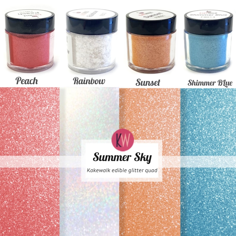 May include: Four jars of edible glitter in peach, rainbow, sunset, and shimmer blue. The jars are labeled with their respective colours. Below the jars is a quad of glitter in the same colours. The text "Summer Sky" and "Kake walk edible glitter quad" are also visible.