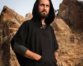 Wool poncho with hood and pocket - unisex black