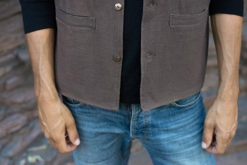 Men's Collared Vest Brown Natural Cotton Etsy