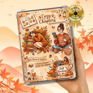 May include: A tablet case with an autumnal design. The image includes the words "Cozy Chapters" and "Fall Reading", alongside illustrations of books, leaves, and a person reading. The colour scheme is warm, using shades of orange, brown, and beige.